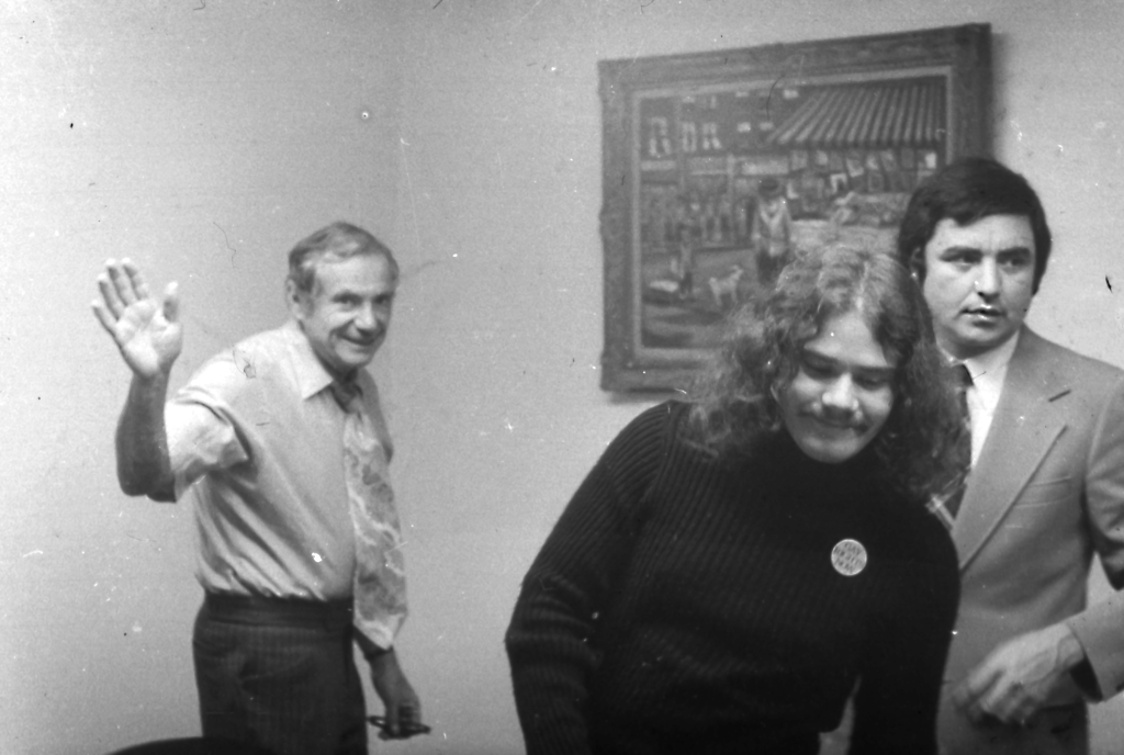 Photograph of Mark Segal (center) gay activist, Stonewall rioter and publisher at meeting with Pennsylvania Gov. Milton J. Shapp (left) and unknown individual, 1974, photo: Harry Eberlin, MS Coll. 25, Tommi Avicolli Mecca collection (1967-92), John J. Wilcox, Jr. Archives, William Way LGBT Community Center, Philadelphia